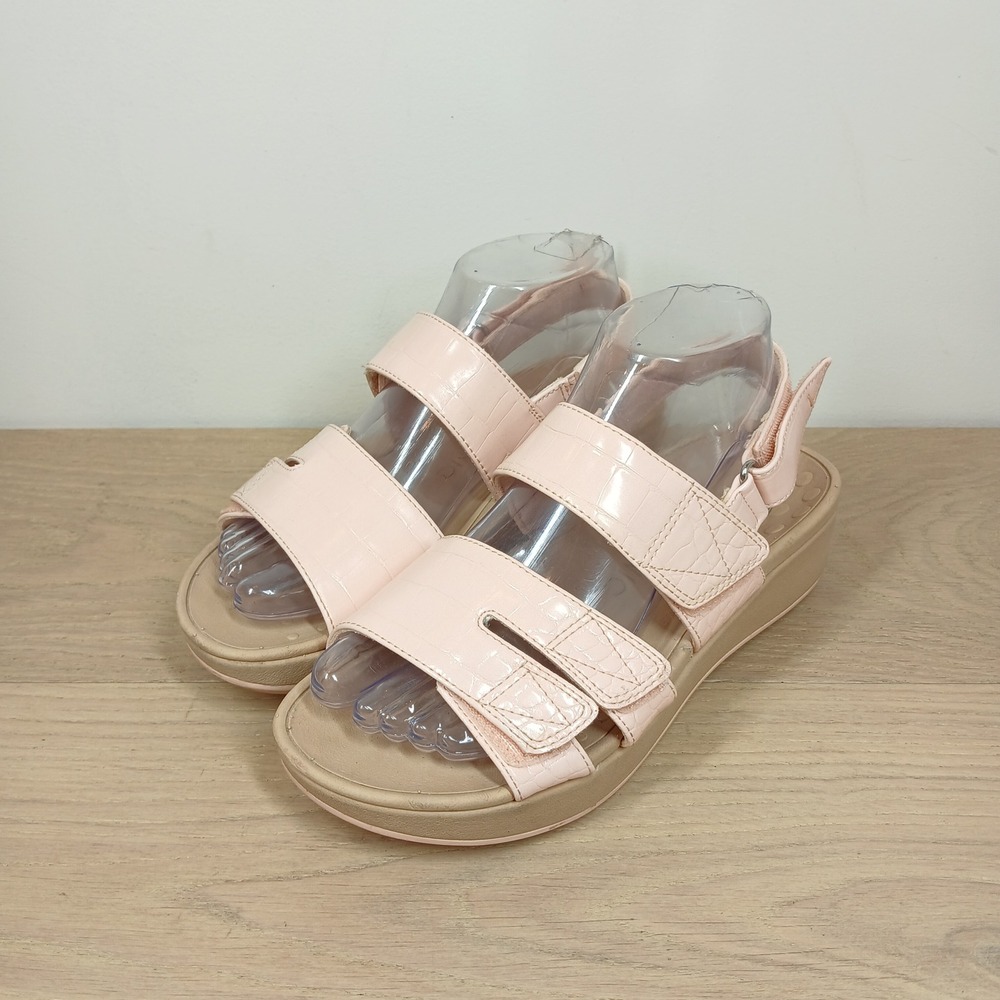 Vionic Roma Sandals Women 7 Pink Faux Croc Hook Loop Platform Wedge Comfort